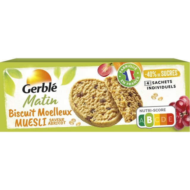3175681302693 - Gerblé - Biscuits Moelleux Petit Déjeuner Muesli Saveur Abricot -40% de sucres en moins