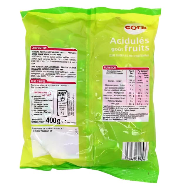 3257980649393 - Cora - Bonbons acidulés au goût de fruits