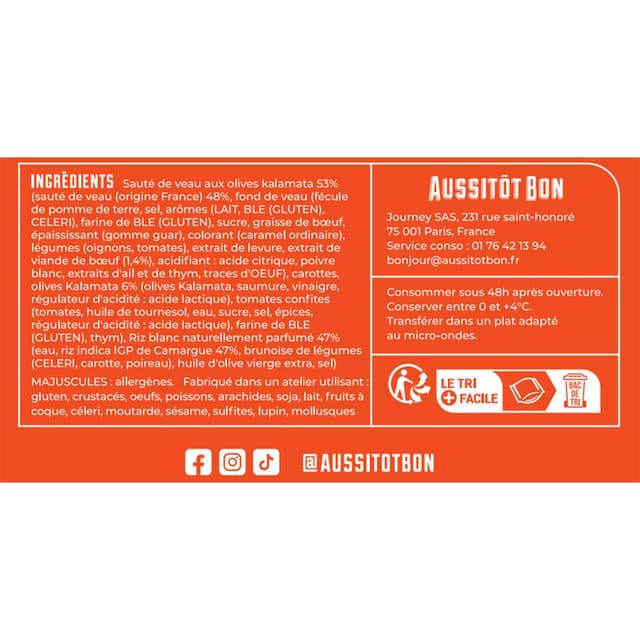 3701565400294 - Aussitôt Bon - Sauté de Veau aux Olives Kalamata, Tomates Confites & Riz Basse Température