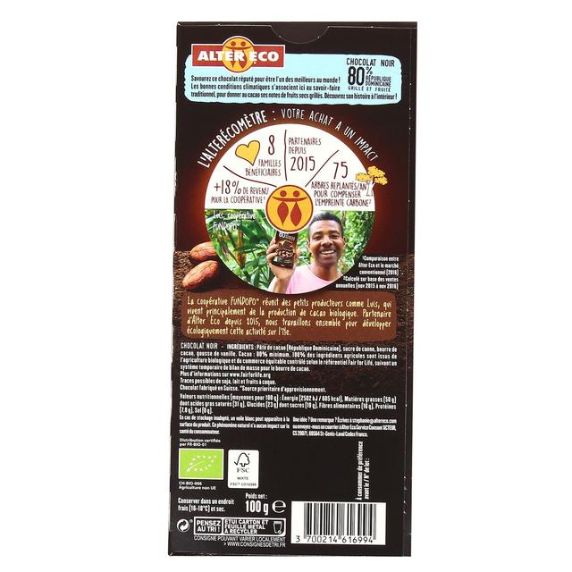 3700214616994 - Alter Eco - Commerce Equitable - Chocolat Noir 80% Cacao Bio de République Dominicaine