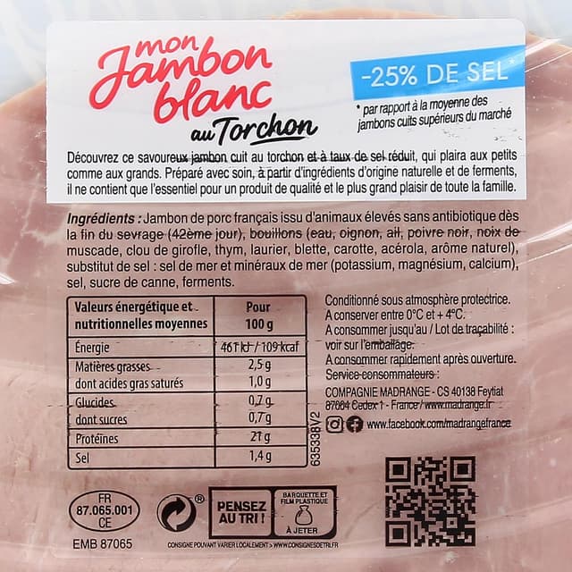 3180940087594 - Madrange - Jambon Blanc au Torchon, Decouené et Dégraissé, 160g