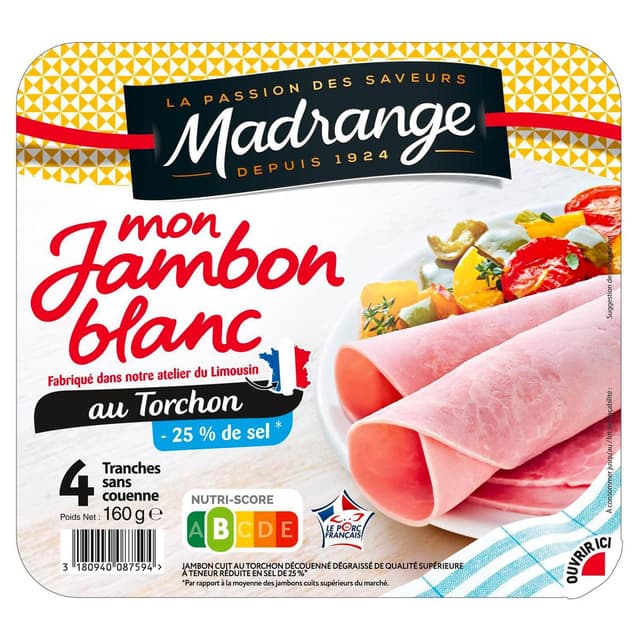 3180940087594 - Madrange - Jambon Blanc au Torchon, Decouené et Dégraissé, 160g