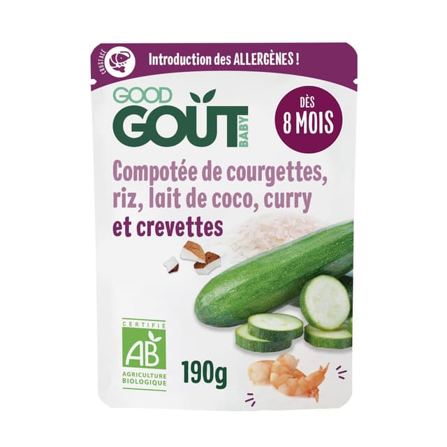 3700763511795 - Good Goût - Compotée de courgettes, riz, lait de coco, curry et crevettes Bio Sachet Bébé Dès 8 mois