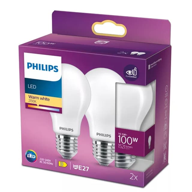 8718699763695 - Philips - 2 Ampoules E27 - 10,5W LED Blanc Chaud Dépolie