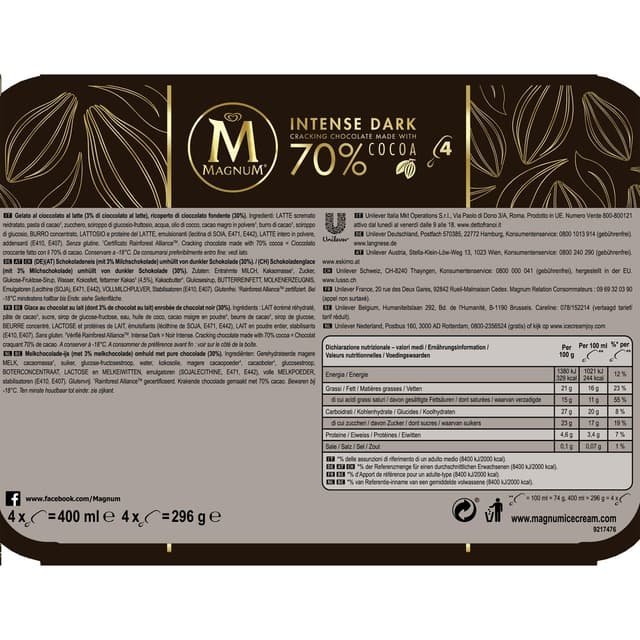 8714100691496 - Magnum - 4 bâtonnets glacés Dark intense noir 70% Cacao 4x100ml