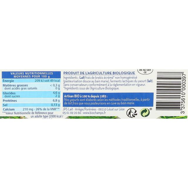 3375610000397 - Biochamps - Yaourt 0% bio au lait de brebis