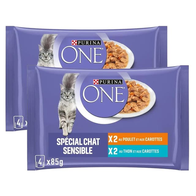 2050000418297 - Purina - One - Sachets en sauce Effilés Thon, Poulet et Carottes spécial chat sensible pour chat adulte