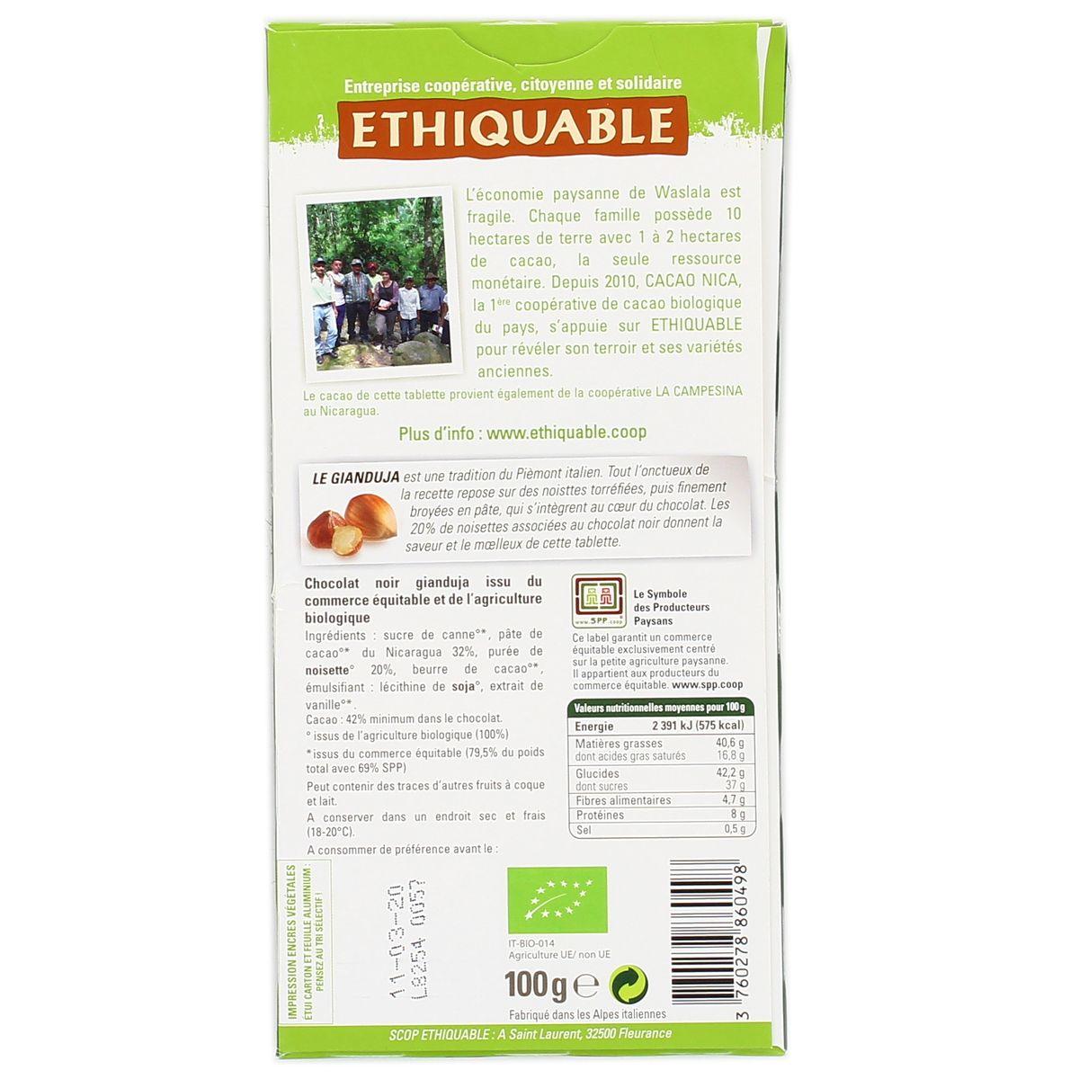 3760278860498 - Ethiquable - Commerce Equitable - Chocolat noir Gianduja onctueux 42% Cacao Bio du Nicaragua
