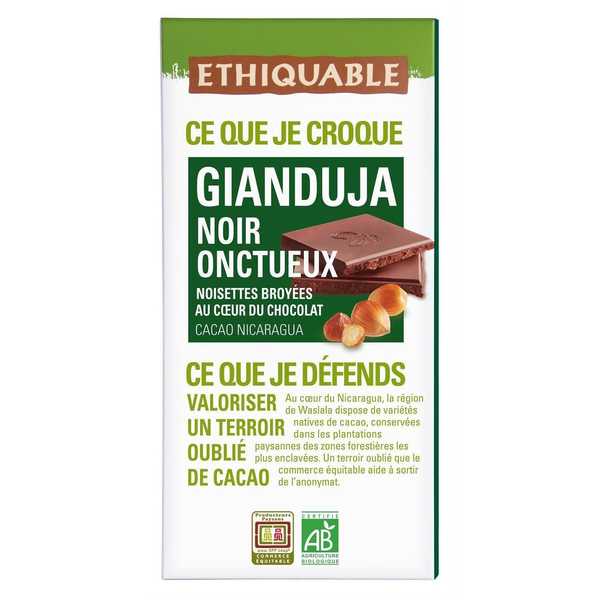3760278860498 - Ethiquable - Commerce Equitable - Chocolat noir Gianduja onctueux 42% Cacao Bio du Nicaragua