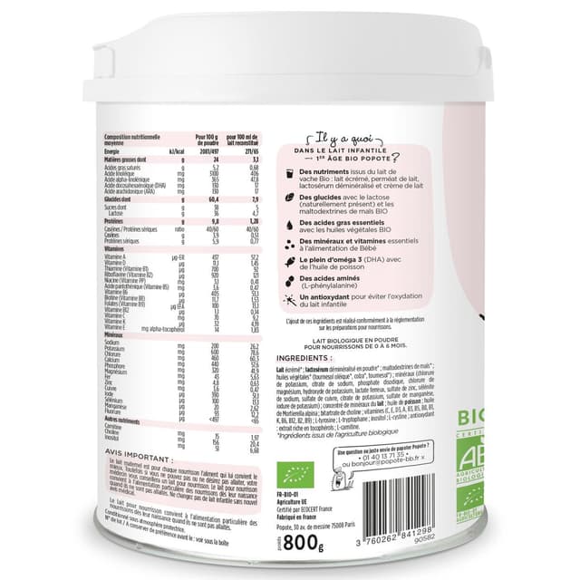 3760262841298 - Popote - Lait bébé en poudre 1er âge Bio 0-6 mois