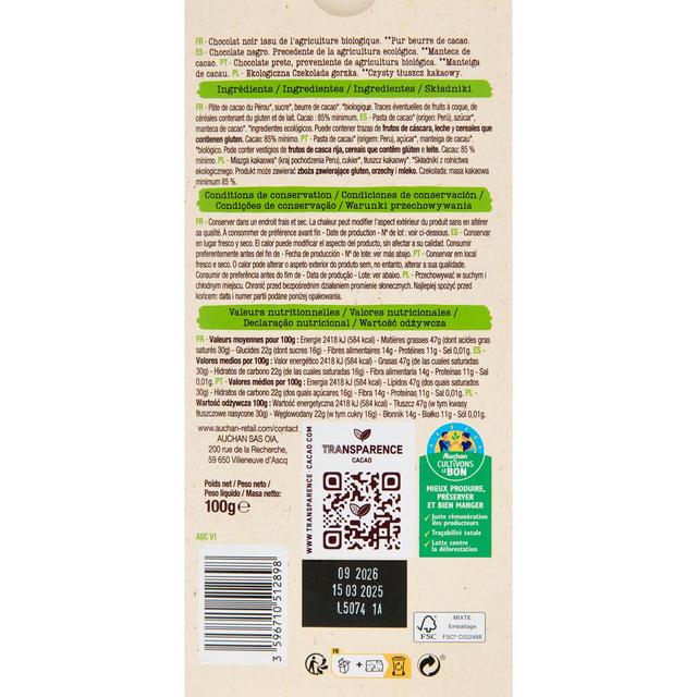 3596710512898 - Auchan BIO - Tablette de chocolat noir 85% cacao Pérou bio