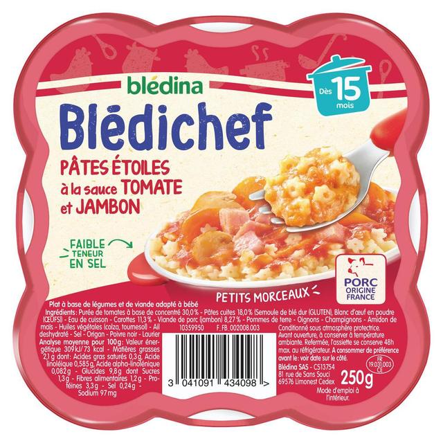 3041091434098 - Blédina - Blédi'chef - Pâtes Etoiles à la Sauce Tomate et Jambon Assiette Bébé Dès 15 mois 
