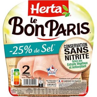 Herta Jambon Le  Bon Paris Taux de Sel Réduit Conservation Sans Nitrite, 2 tranches - 70g