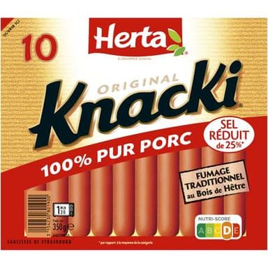 Herta Knacki Originale 100% Pur Porc, Taux de Sel Réduit, 10 saucisses - 350g