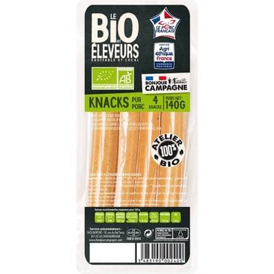 Le Bio des éleveurs Knack pur porc bio, 4 saucisses - 140g