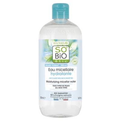 SO'BIO ETIC Eau micellaire hydratante, jus d'Aloe vera bio équitable, tous types de peaux, 500ml