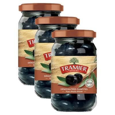 Tramier Olives noires confites dénoyautées et filet d'huile d'olive en bocal, Lot de 3x150g