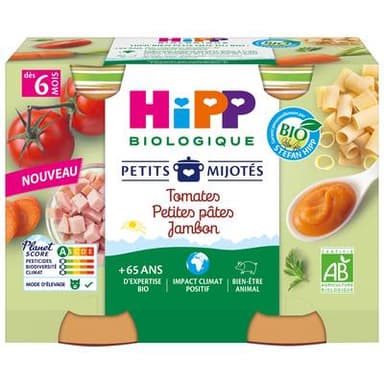 Hipp - Petits Mijotés Tomates Petites Pâtes Jambon Bio Pot Bébé Dès 6 mois, 2x190g