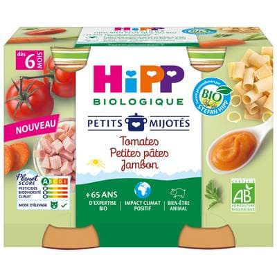 Hipp - Petits Mijotés Tomates Petites Pâtes Jambon Bio Pot Bébé Dès 6 mois, 2x190g