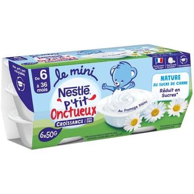 Nestlé - P'tit Onctueux Mini Dessert Lacté nature Fromage Blanc Coupelle Bébé Dès 6 mois, 6x50g