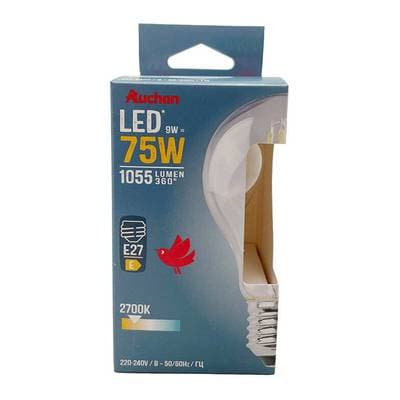 Auchan Ampoule E27 - 9W LED Classique Blanc Chaud transparent, E27   75W