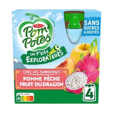 Pom Potes Petit Explorateur, Pomme Peche & Fruit du Dragon, sans sucre ajoutés, 4 Gourdes de 90g