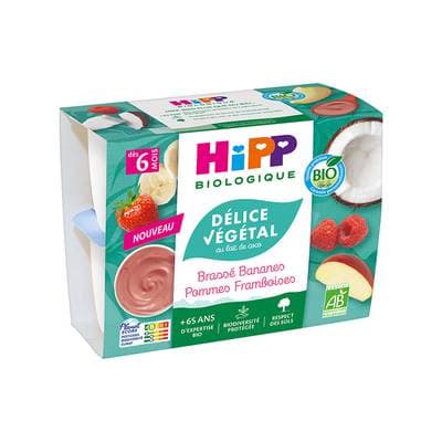 Hipp - Délice Végétal Brassé Végétal Pommes Bananes Framboises Bio Coupelle Bébé Dès 6 mois, 4x100g