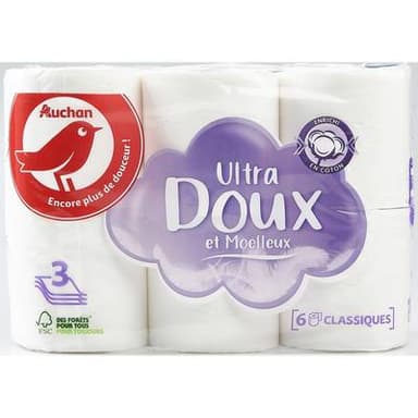 Auchan Papier Toilette blanc ultra doux et moelleux 3 épaisseurs, 6 rouleaux papiers toilettes