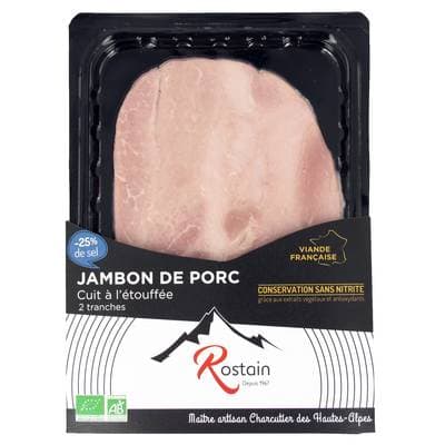 Rostain Jambon Bio Taux de Sel Réduit Conservation sans Nitrite, 2 tranches - 80g