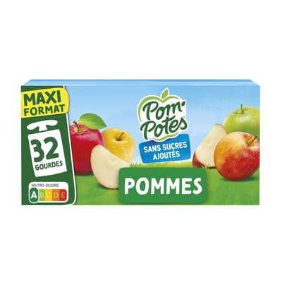 Pom Potes Compote Gourde Pomme Sans sucres ajoutés, 32 gourdes de 90g