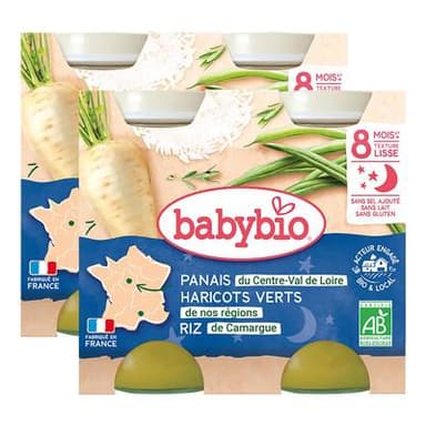Babybio Panais, Haricots Verts, Riz de Camargue Bio Pot Bébé Dès 8 mois, Lot de 2 - 2x200g