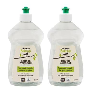 Auchan Better Life Liquide vaisselle nettoie et dégraisse à l'aloe vera, Lot de 2x500ml