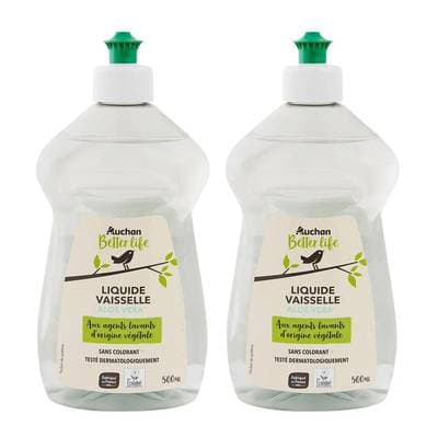 Auchan Better Life Liquide vaisselle nettoie et dégraisse à l'aloe vera, Lot de 2x500ml