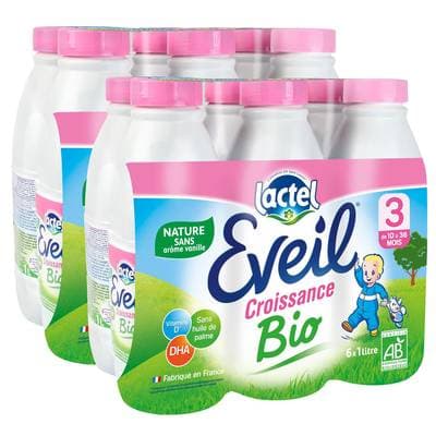 Lactel Eveil Lait de croissance Bio 3ème âge Liquide Bébé Dès 10 mois, Lot de 2 - 6x1L