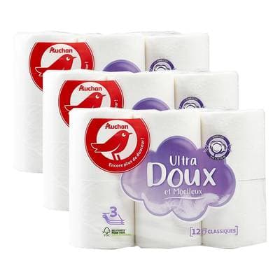 Auchan Papier toilette blanc ultra doux et moelleux 3 épaisseurs, Lot de 3x12 rouleaux
