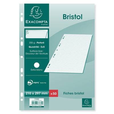 Exacompta Fiches bristol A4 21x29,7 cm petits carreaux perforées, 50  fiches