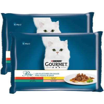 Purina - Gourmet Perle Sachets en Sauce Filettines Boeuf, Poulet, Lapin, Saumon pour chat, Lot de 2 -4x85g