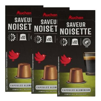 Auchan Capsules de café saveur noisette, Lot de 3x10 capsules
