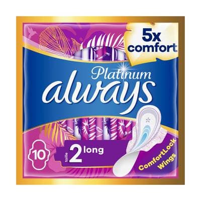 Always Serviettes hygiéniques T2 - Ailettes - Always Platinum Long, 10 serviettes