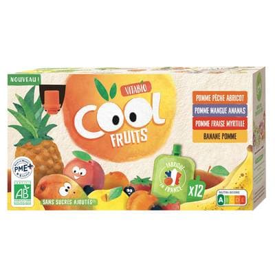 Vitabio - Cool Fruits Purée de fruits Assortiment de 4 recettes Bio en gourde, 12 gourdes de 90g