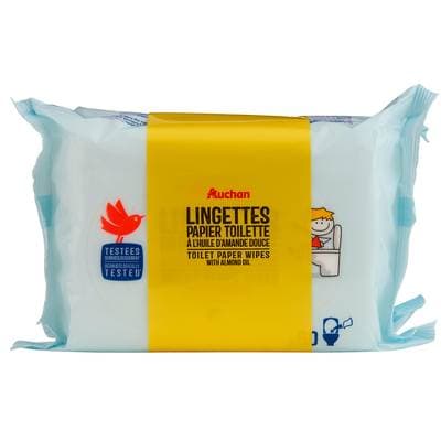 Auchan Lingettes papier toilette à l'huile d'Amande douce, 2 x 60  lingettes