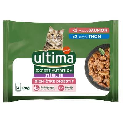Affinity - Ultima Sachets Sélection Thon et Saumon Bien-Être Digestif pour chat Chat Stérilisé, 4x70g