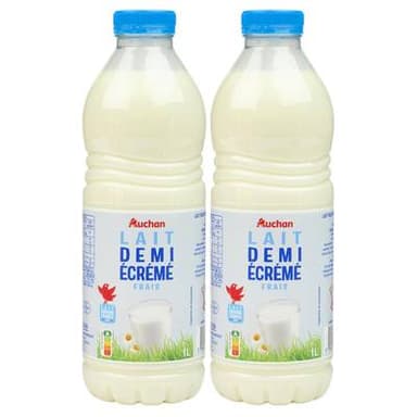 Auchan Lait demi-écrémé frais, Lot de 2x1L