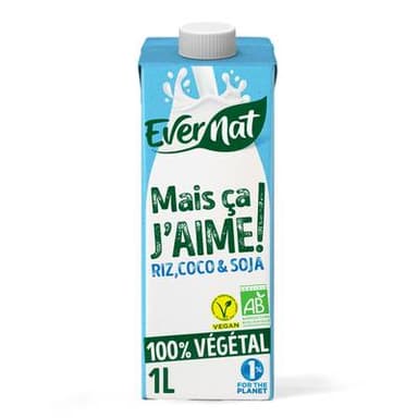 Evernat Boisson végétale bio Riz coco Soja, Mais J'aime Ca !, 1L