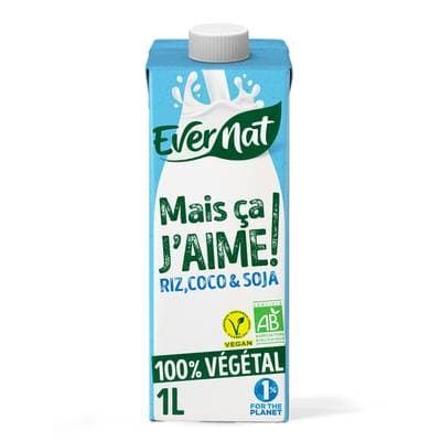 Evernat Boisson végétale bio Riz coco Soja, Mais J'aime Ca !, 1L
