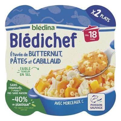 Blédina - Blédi'chef Etuvée de Butternut Pâtes Cabillaud Assiette Bébé Dès 18 mois, 2x250g