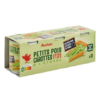 Auchan Petits pois carottes extra-fins à l'étuvée, 3x130g