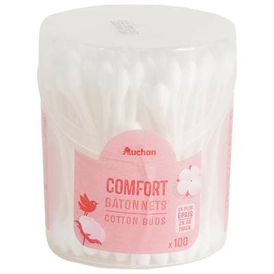 Auchan Cotons-tiges confort en boîte avec tiges en papier, 100 coton-tiges
