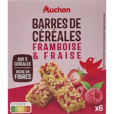 Auchan Barres de céréales à la framboise et à la fraise, 6  barres