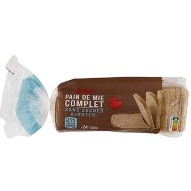 Auchan Pain de Mie Complet Sans Sucres Ajoutés, 24 tranches - 500g